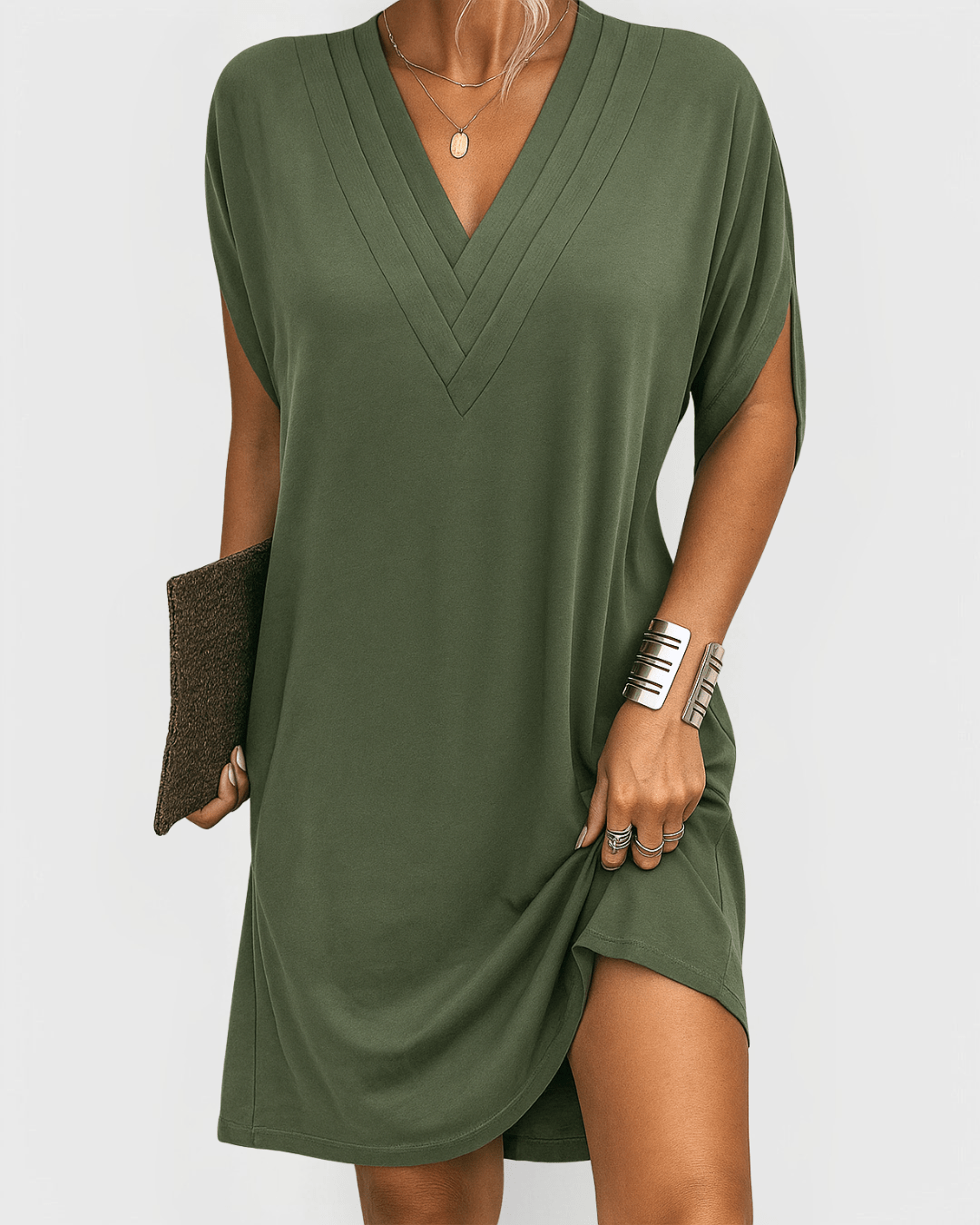 Pleated V-Neck Short Sleeve Shift Mini Dress