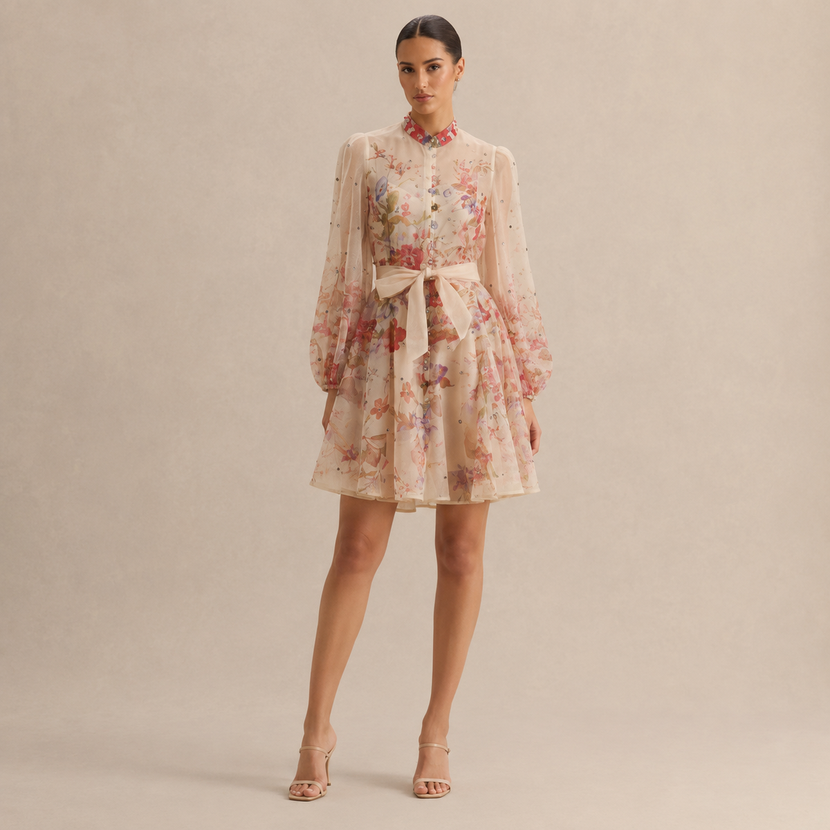 Floral High Neck Long Sleeve Belted Sheer Mini Dress 7