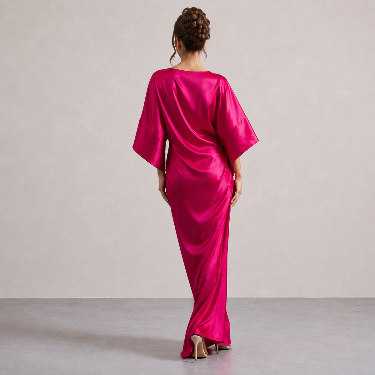 Round Neck Batwing Sleeve Brooch Ruched Satin Maxi Gown 18