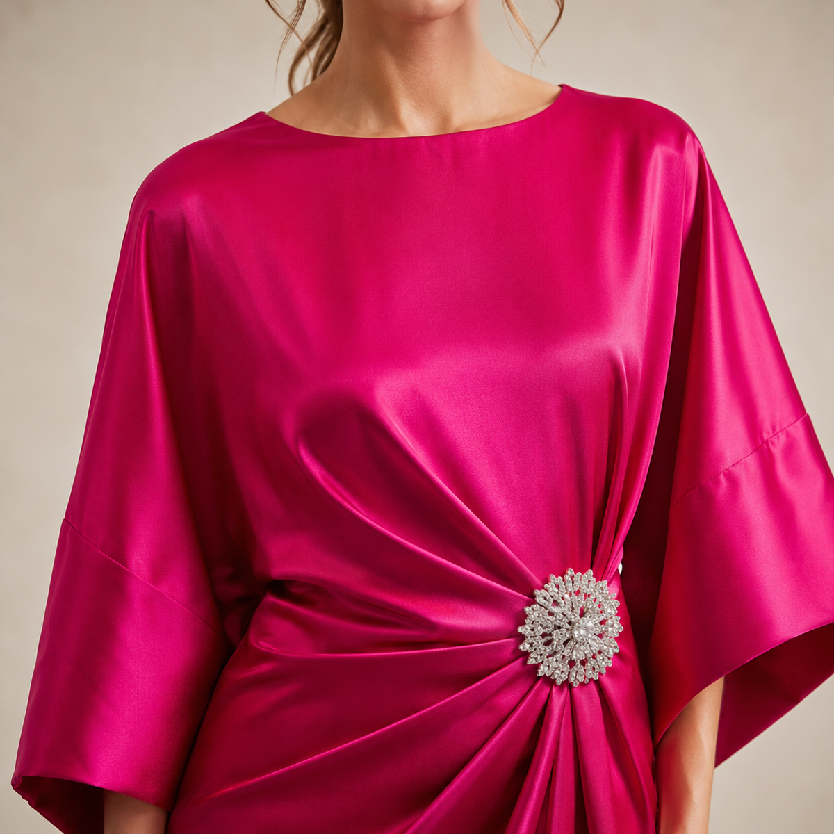 Round Neck Batwing Sleeve Brooch Ruched Satin Maxi Gown 17