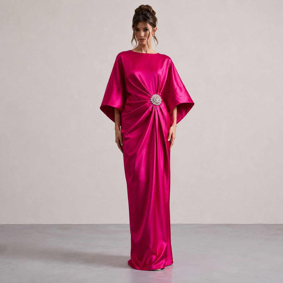 Round Neck Batwing Sleeve Brooch Ruched Satin Maxi Gown 16