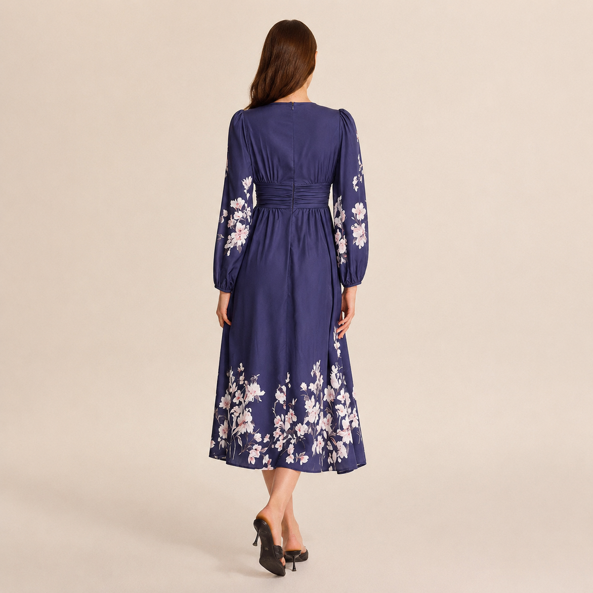Floral V-Neck Long Sleeve Pleated Chiffon Maxi Dress 9