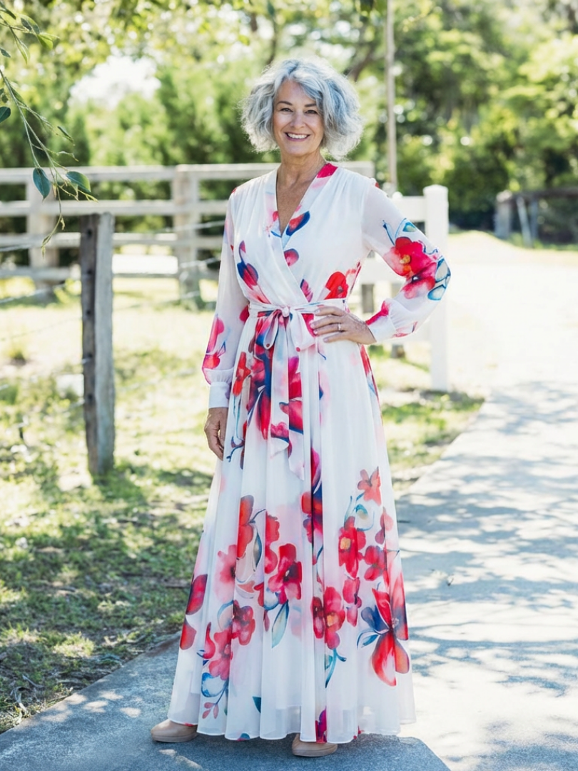 Floral Long Sleeve Wrap Belted Maxi Dress 7