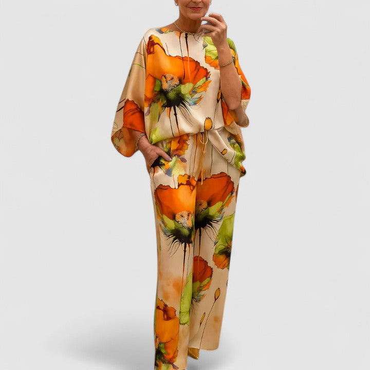 Floral Print Satin Batwing Sleeve Top and Wide Leg Pants Two Piece Set