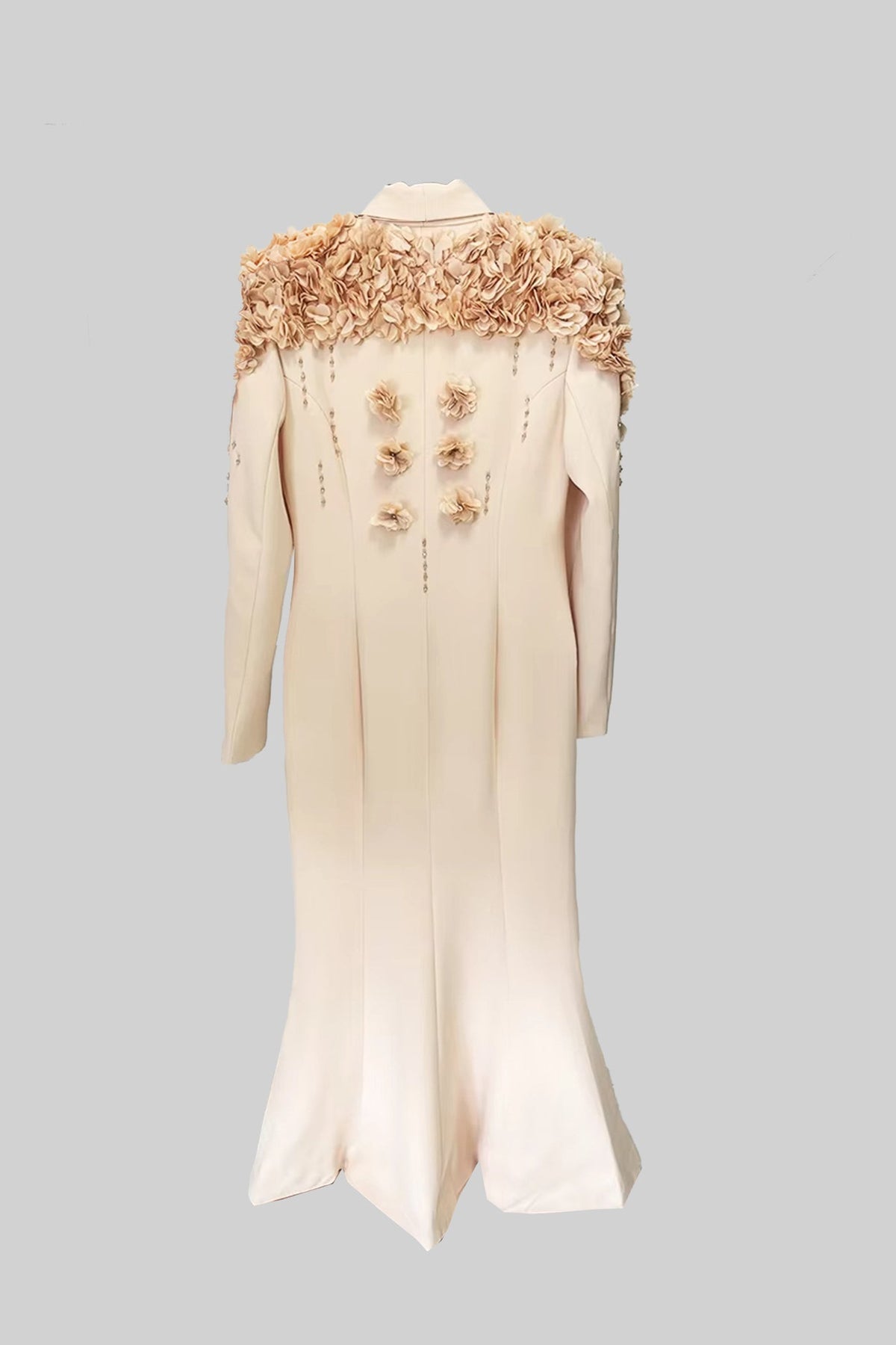 3D Floral Shoulder Notched Lapel Metallic Button Blazer Gown - View 12