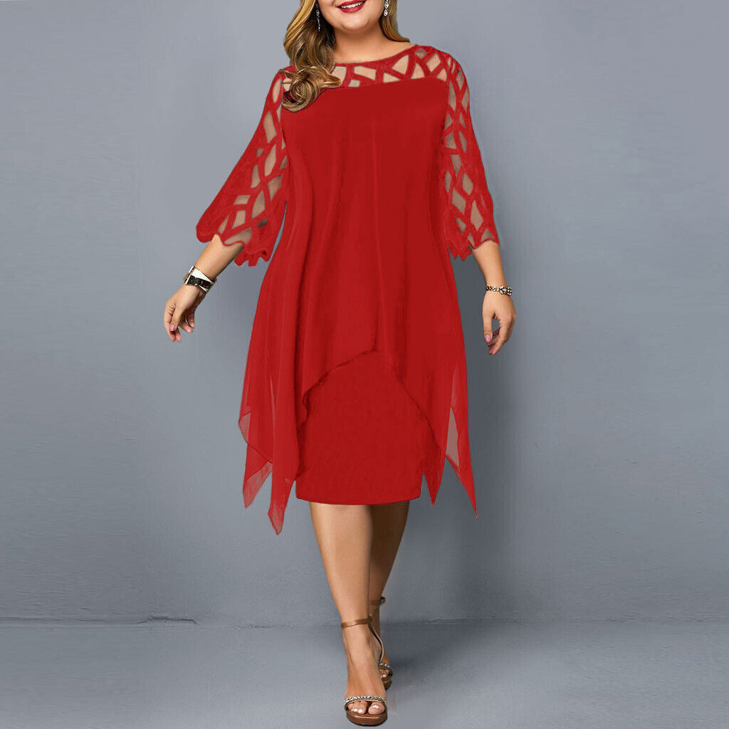 Round Neck Lace Sleeve Chiffon Overlay Midi Dress Cocktail 10