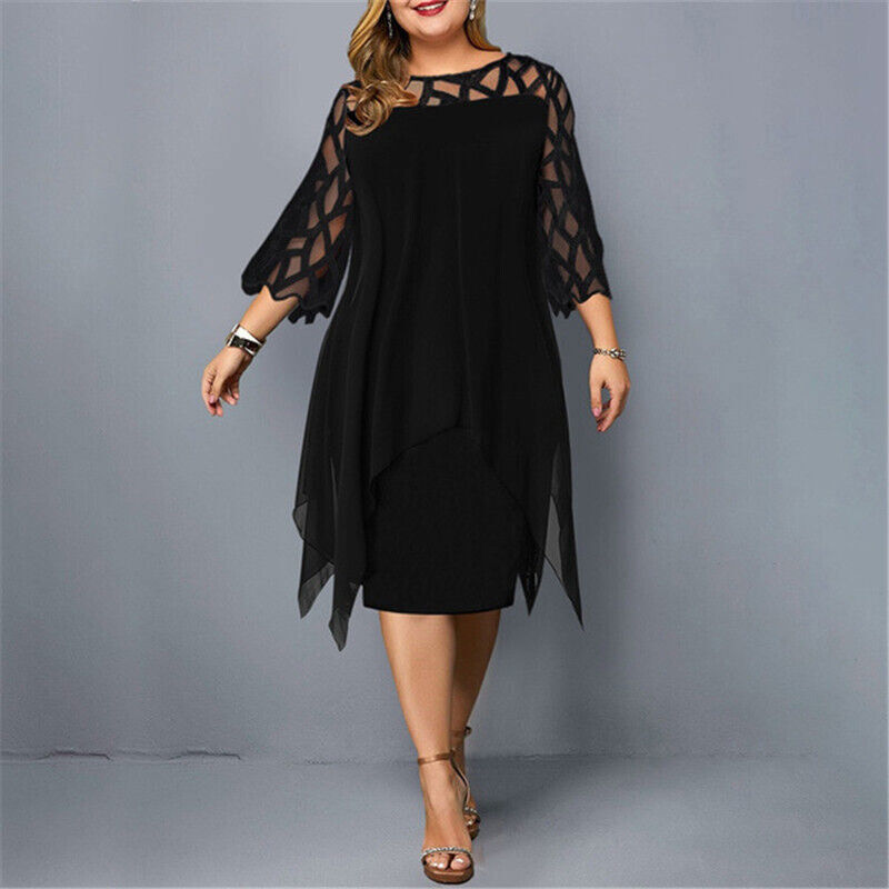 Round Neck Lace Sleeve Chiffon Overlay Midi Dress Cocktail 8
