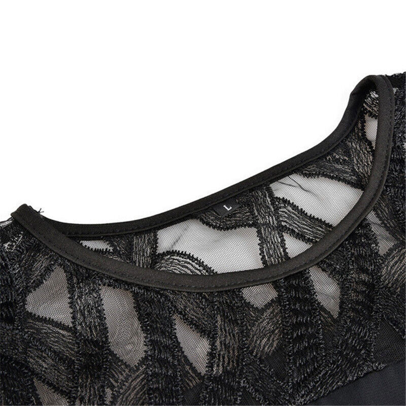 Round Neck Lace Sleeve Chiffon Overlay Midi Dress Cocktail 4