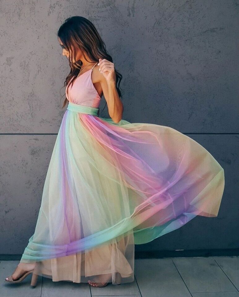 Deep V-Neck Empire Waist Sleeveless Striped Tulle Maxi Dress - View 6