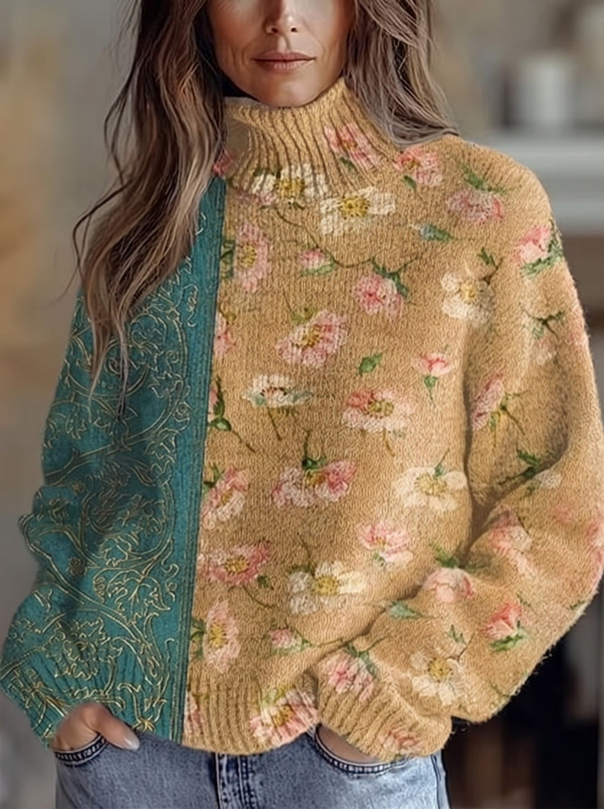 Floral Print Contrast Paisley Sleeve Turtleneck Sweater
