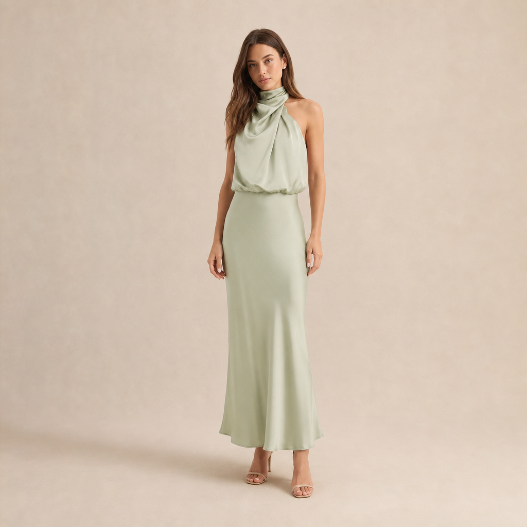 Satin Cowl Halter Neck Bias Cut Maxi Dress 21