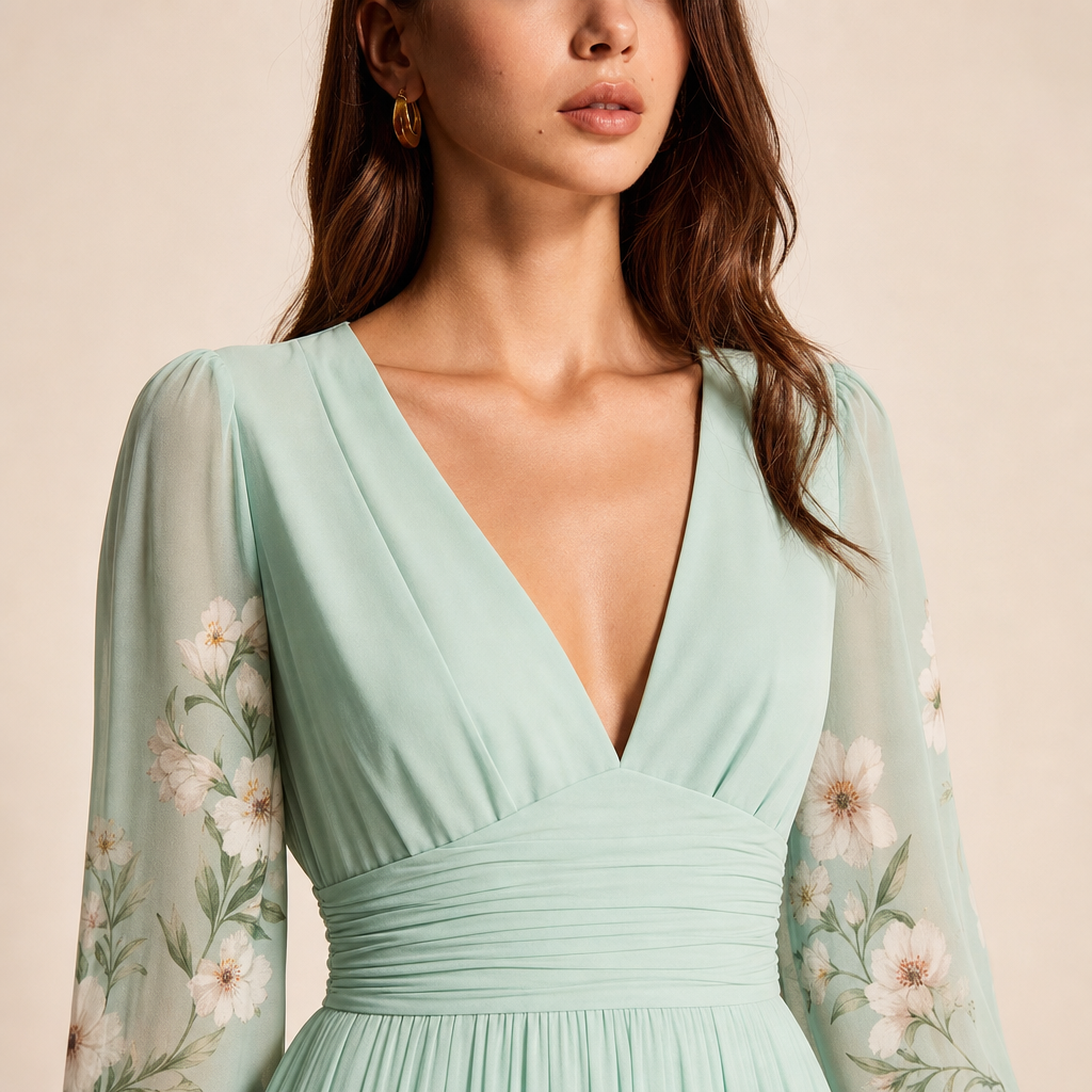 Floral V-Neck Long Sleeve Pleated Chiffon Maxi Dress 2