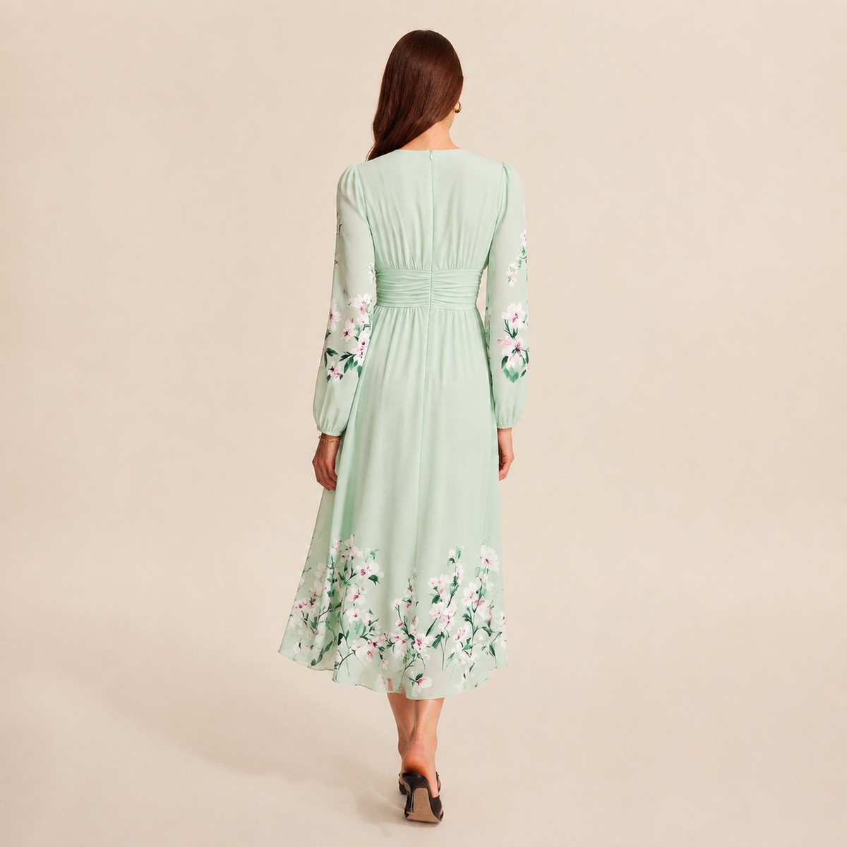 Floral V-Neck Long Sleeve Pleated Chiffon Maxi Dress 3