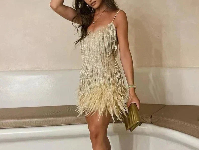Sequin Spaghetti Strap V-Neck Fringe Feather Hem Cocktail Mini Dress - View 9