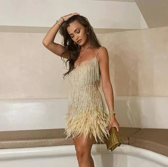 Fringe Tassel Spaghetti Strap V-Neck Feather Hem Cocktail Mini Dress - View 3