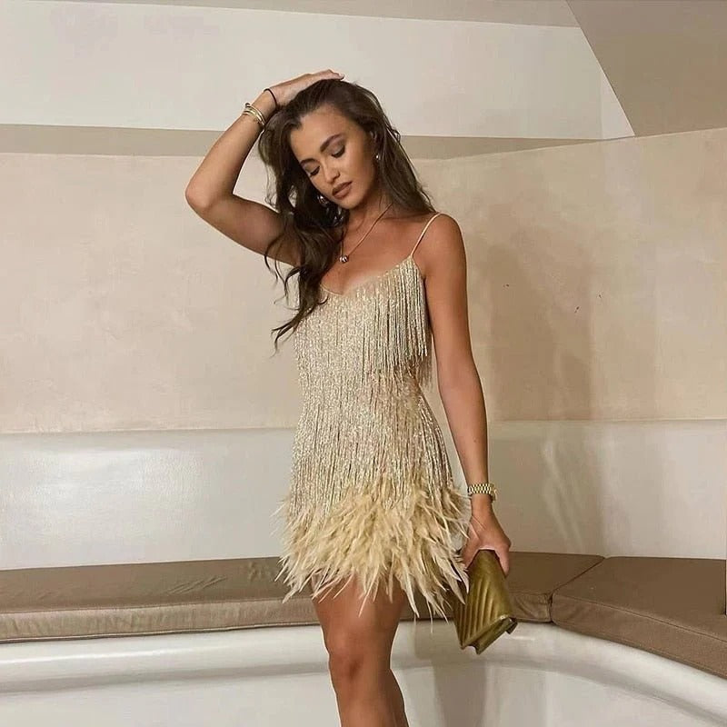 Spaghetti Strap V-Neck Tassel Fringe Feather Trim Mini Dress - View 9