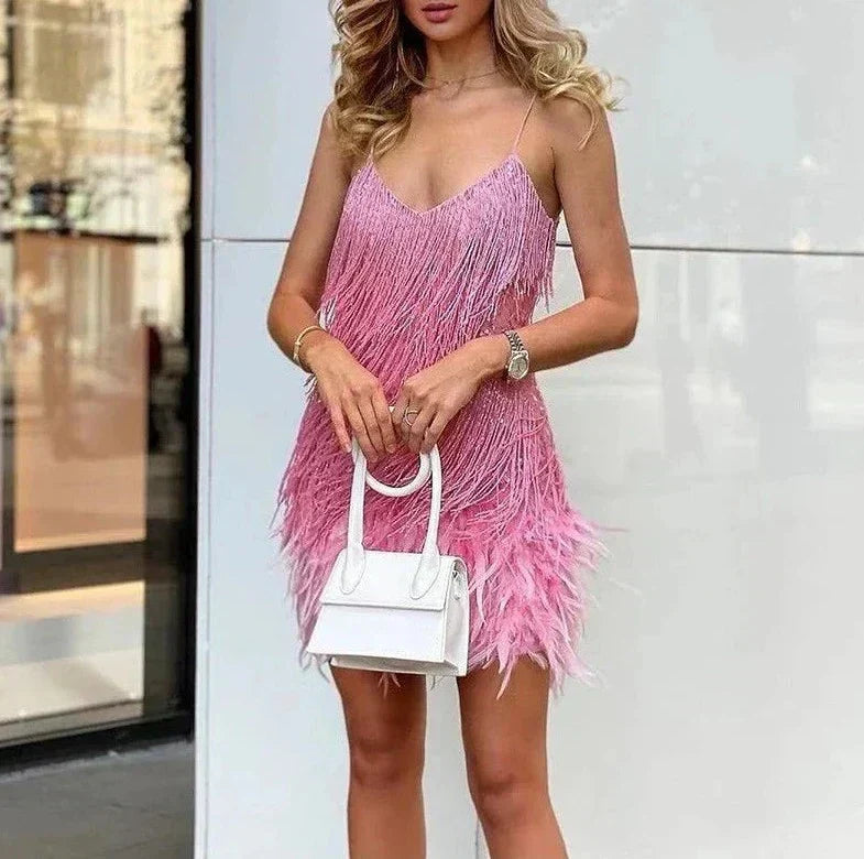 Spaghetti Strap Deep V-Neck Tiered Tassel Cocktail Mini Dress - View 11