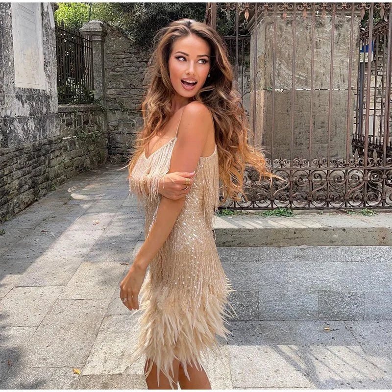 Fringe Tassel Feather Hem Spaghetti Strap V-Neck Mini Party Dress - View 3