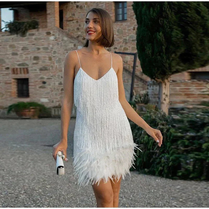 Spaghetti Strap V-Neck Layered Fringe Feather Hem Cocktail Mini Dress