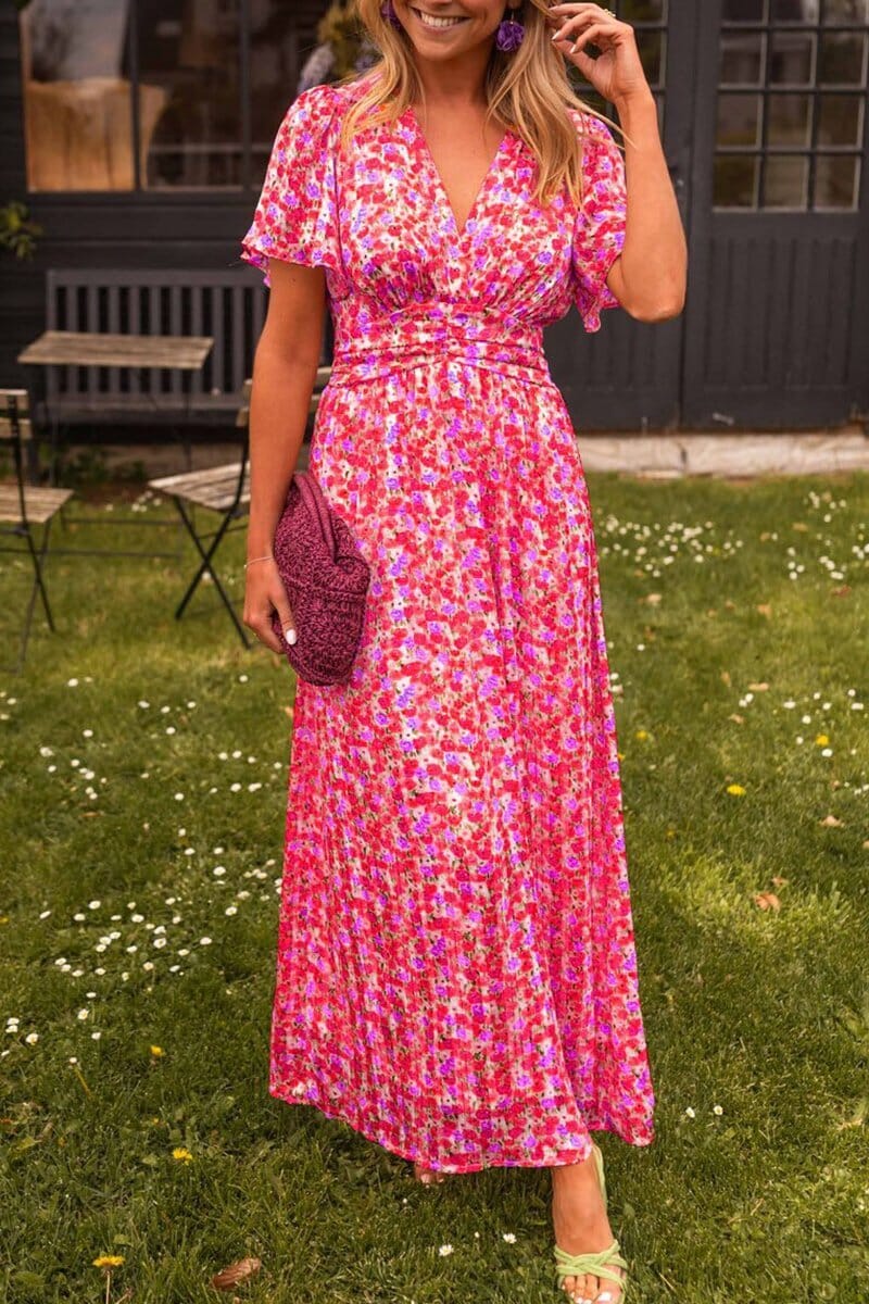 Ditsy Floral V-Neck Short Sleeve Pleated Maxi Dress 6