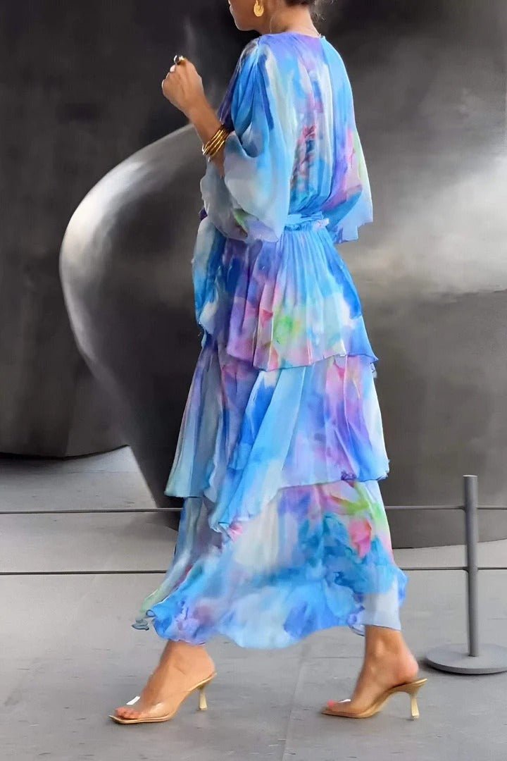 Chiffon Abstract Print Deep V-Neck Flutter Sleeve Maxi Dress - View 3