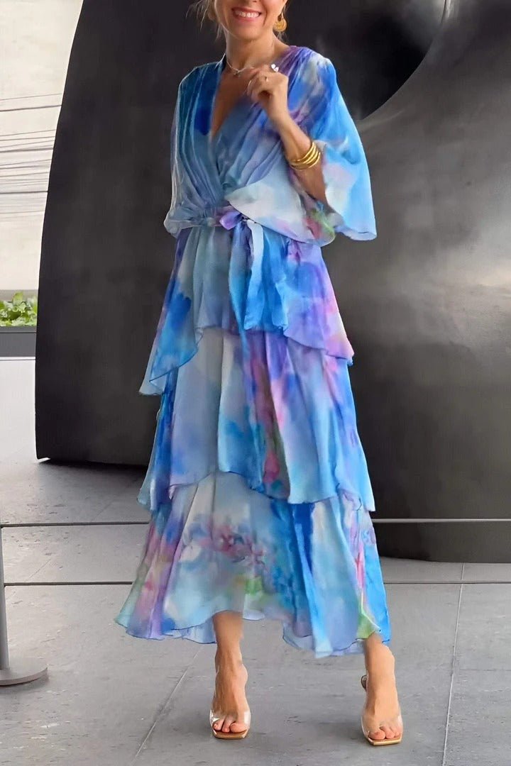 Chiffon Abstract Print Deep V-Neck Flutter Sleeve Maxi Dress - View 2