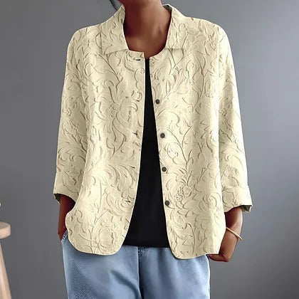 Embossed Floral Collared Button Front Textured Shirt Jacket