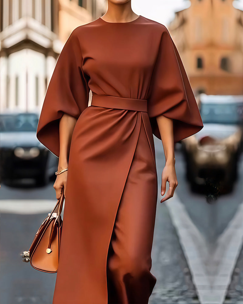 Crew Neck Wide Flared Sleeve Belted Wrap Drape Midi Dress - View 3