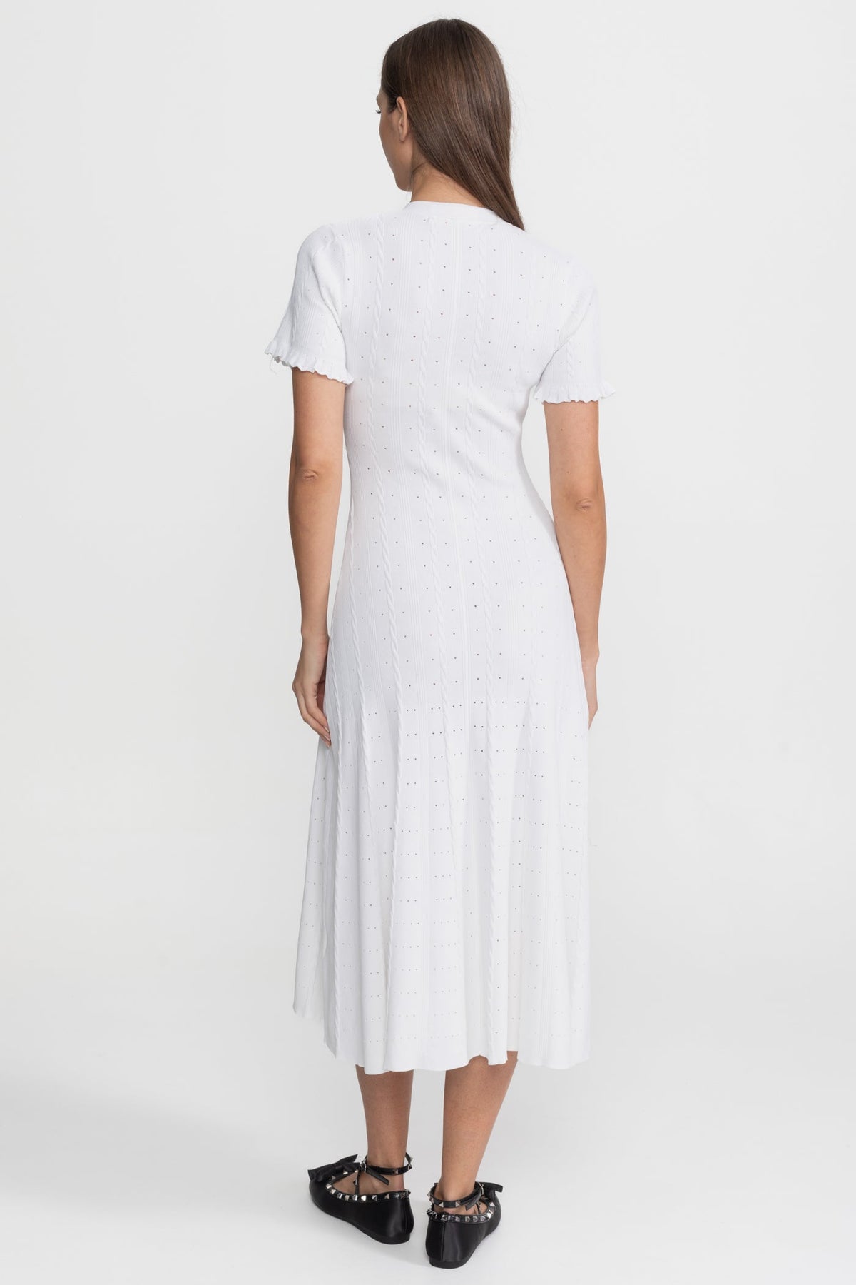 Knit Button-Front Midi Dress with Scalloped Sleeves – White - View 8