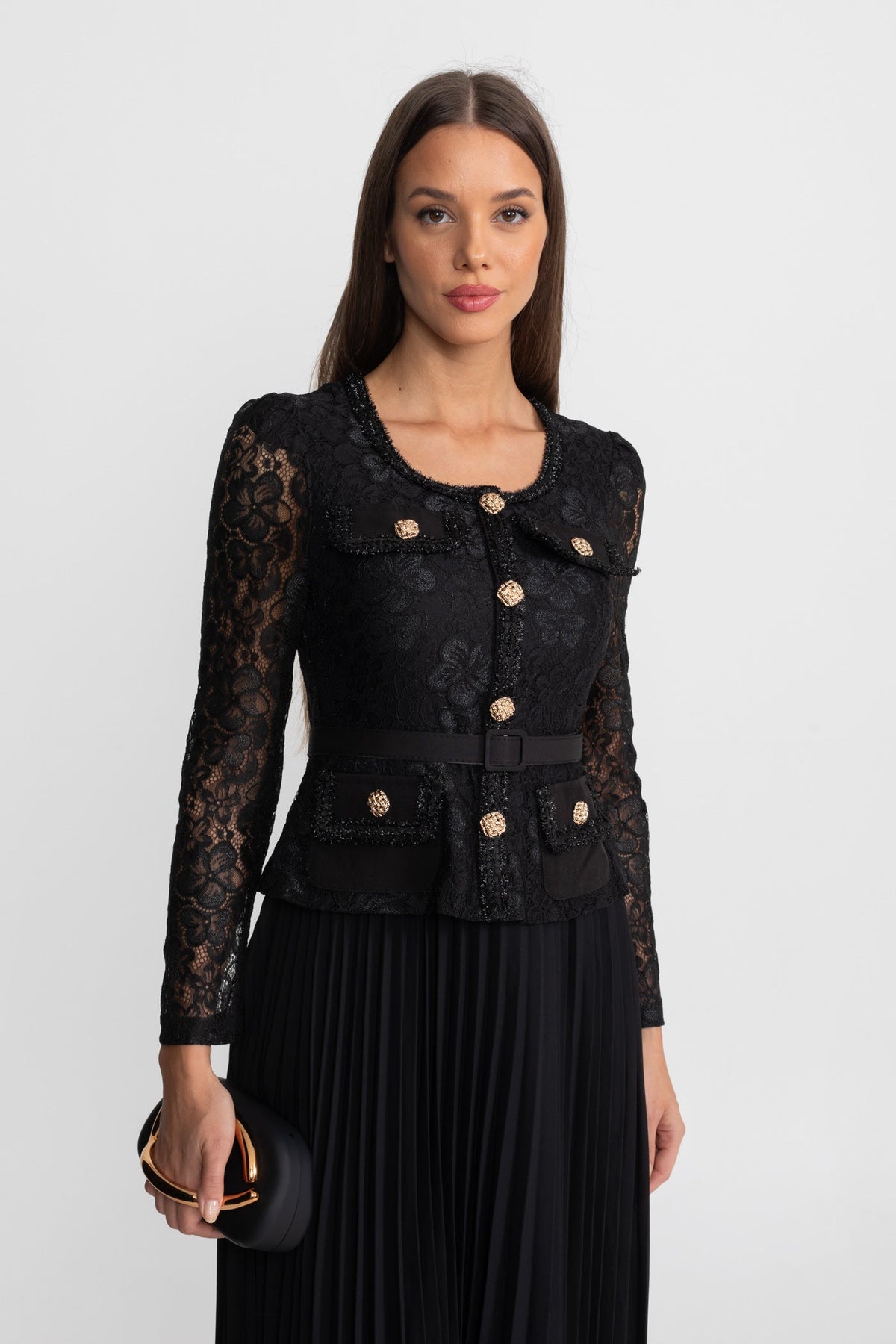 Lace and Pleated Midi Dress with Gold Button Detailing - Black - View 4