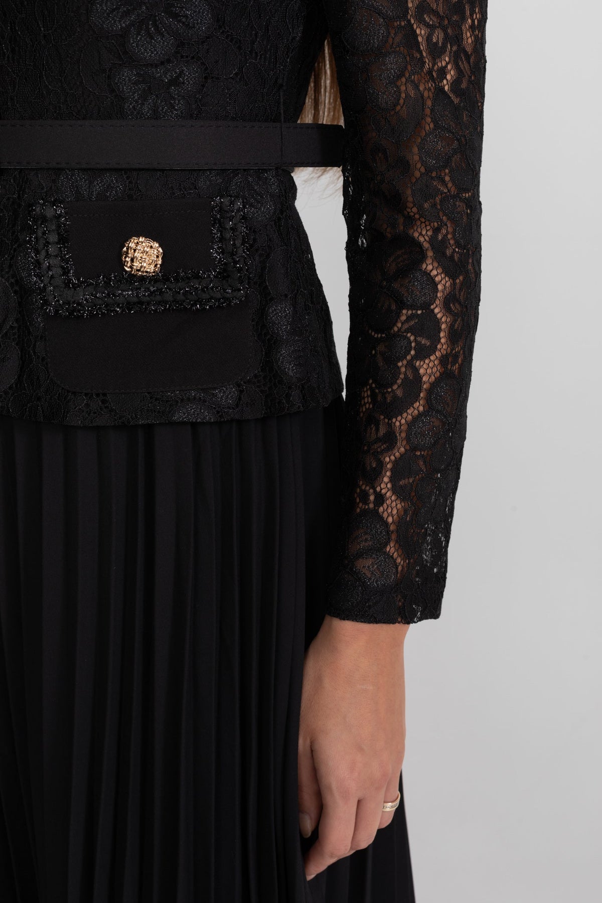 Lace and Pleated Midi Dress with Gold Button Detailing - Black - View 10