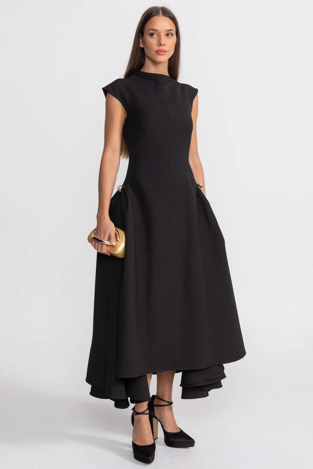Sleeveless High Neck Metal Ring Hip Fold Sculptural High Low Midi Dress - View 2