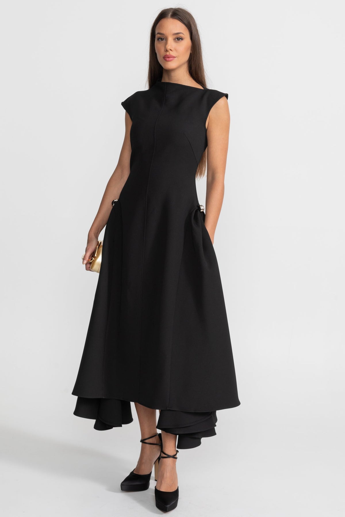 Sleeveless High Neck Metal Ring Hip Fold Sculptural High Low Midi Dress - View 3