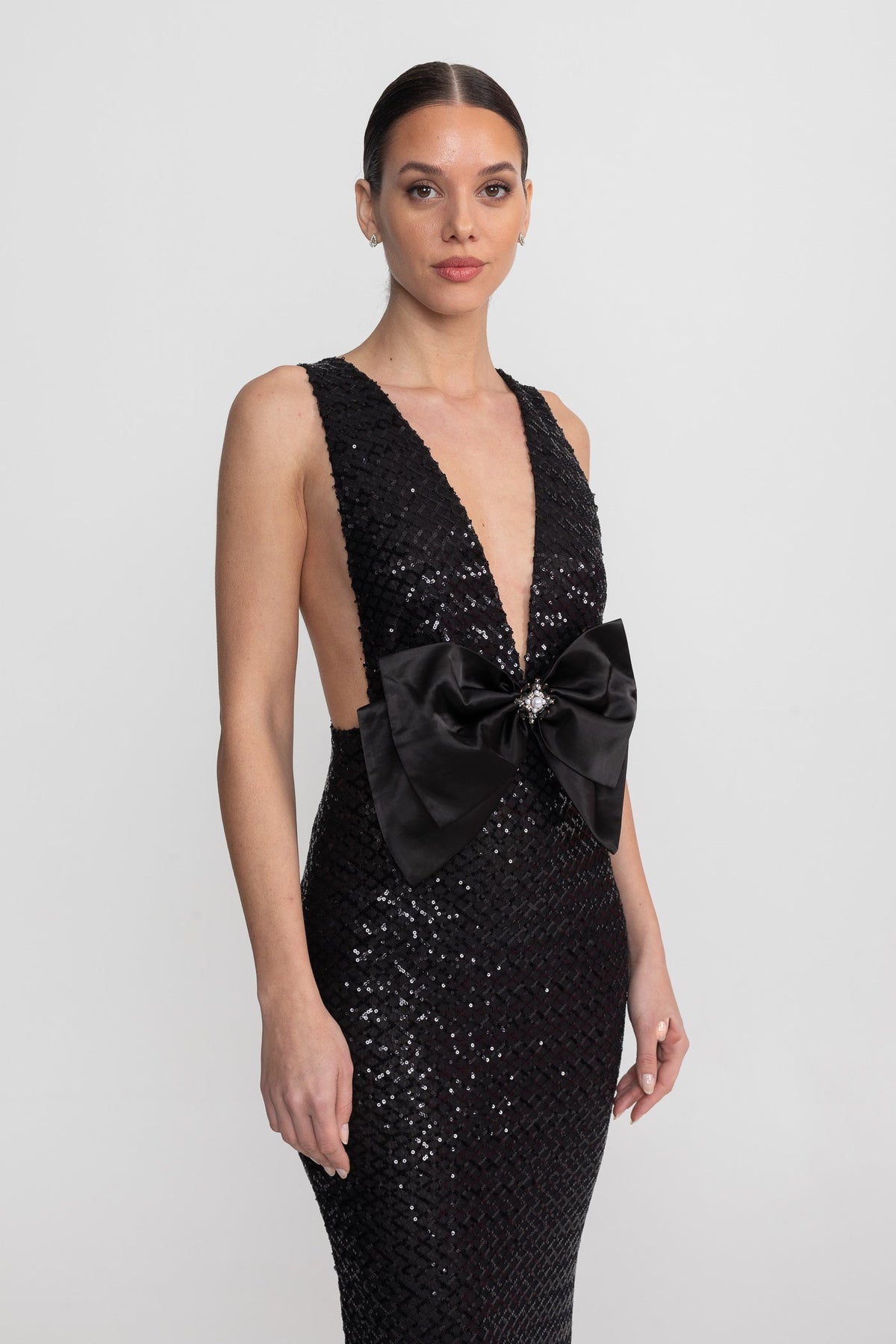 Sequin Maxi Dress With Satin Bow Detail - Black - View 5