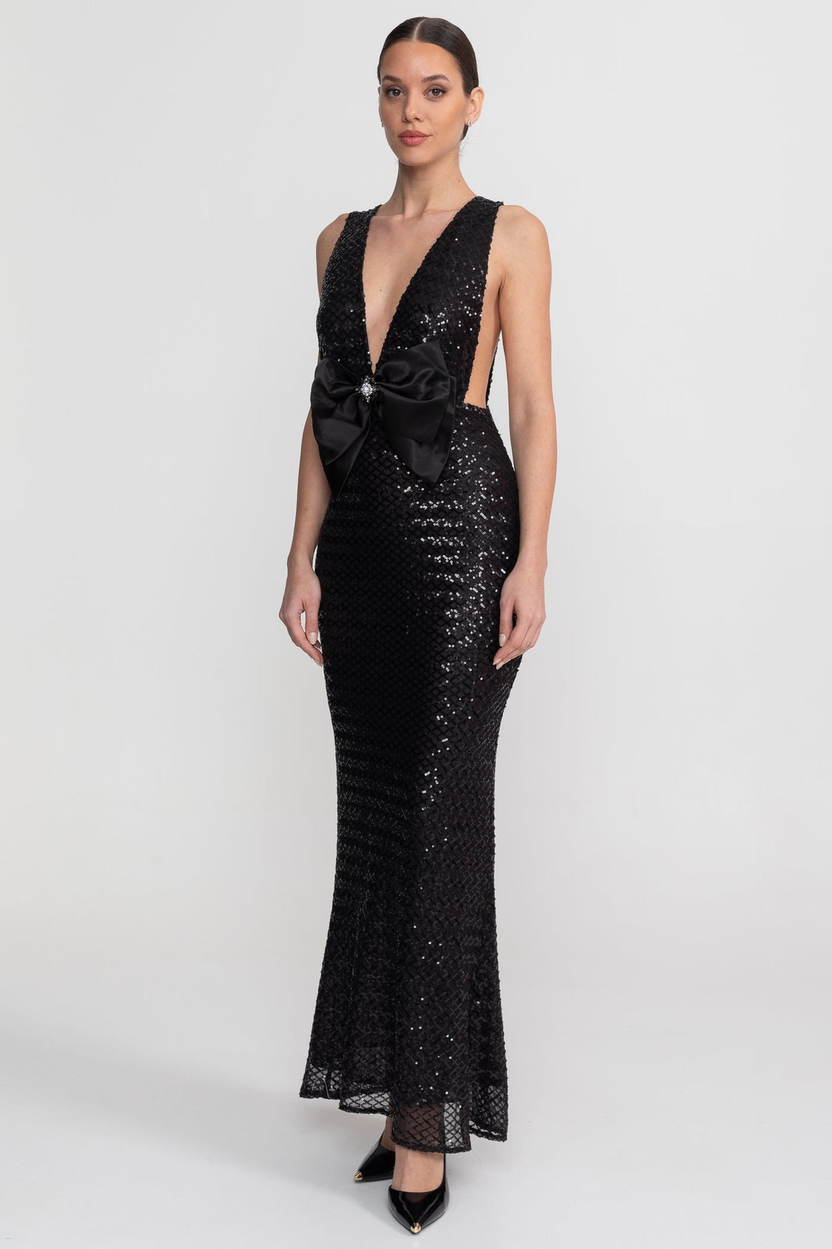 Sequin Maxi Dress With Satin Bow Detail - Black - View 4