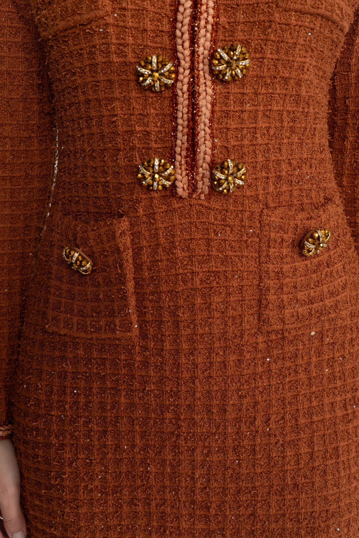 Tweed Braided Trim Rhinestone Sunburst Button Sheath Midi Dress - View 6