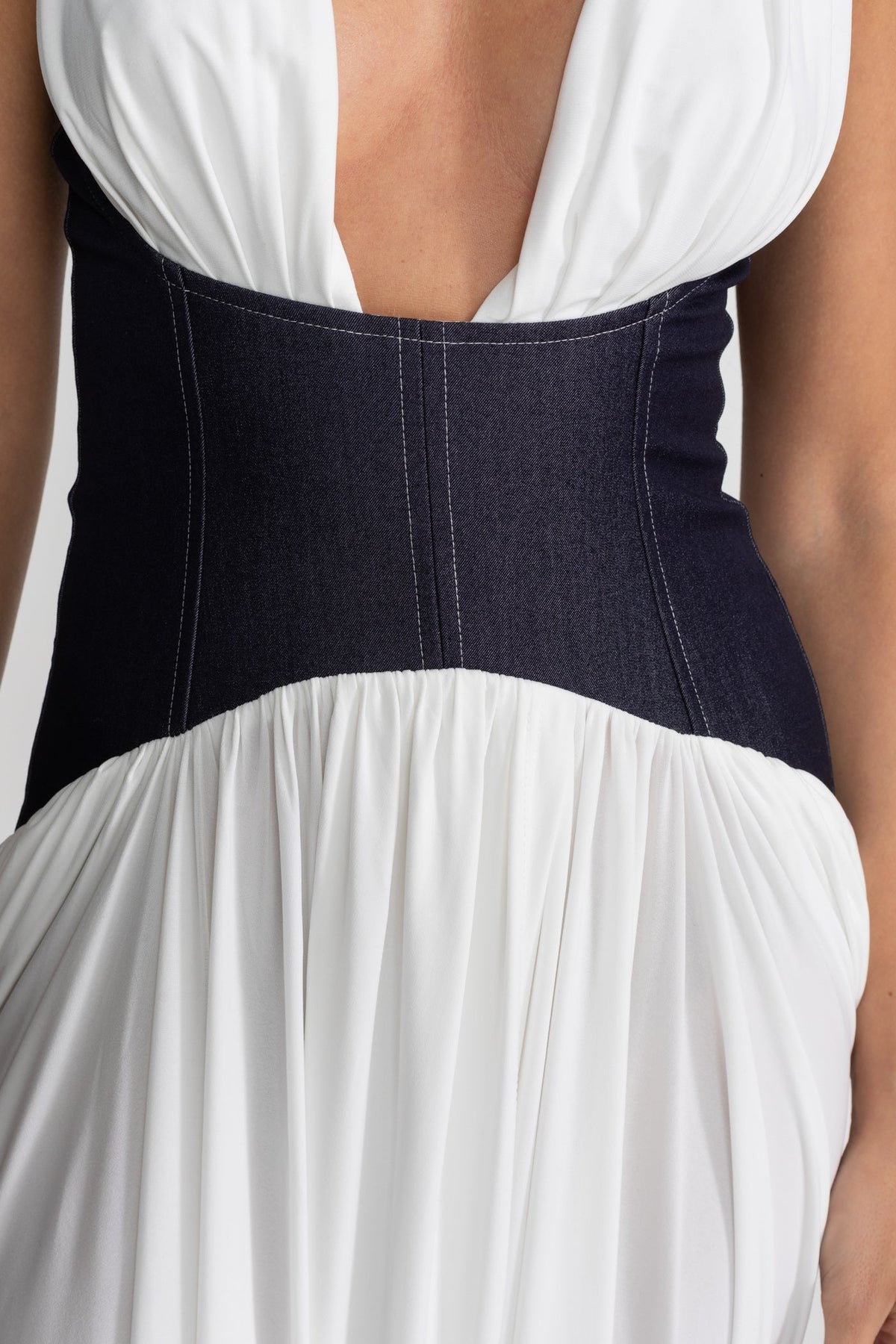 Halter Maxi Dress with Denim Corset Waist – White - View 6