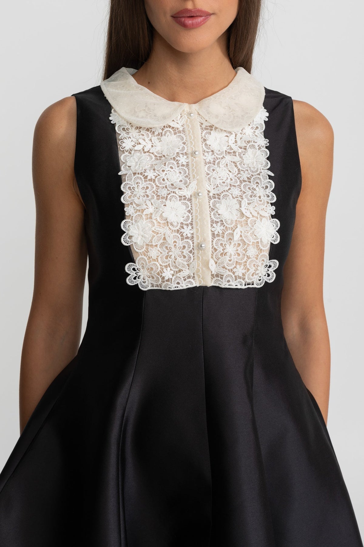 A-Line Mini Dress with Lace Bib – Black - View 7