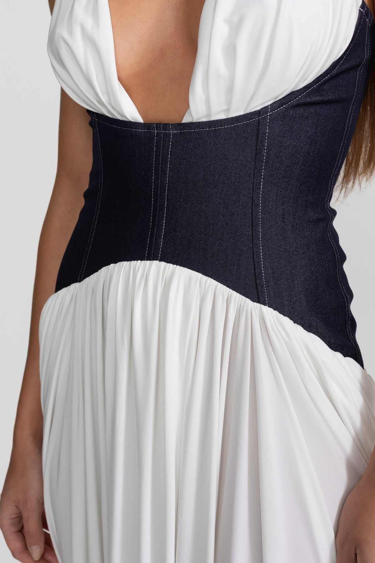 Halter Maxi Dress with Denim Corset Waist – White - View 5