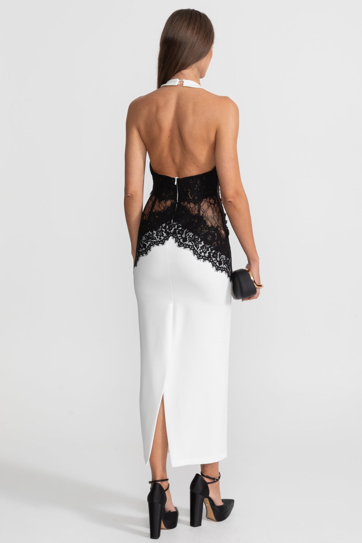 Halter Maxi Dress with Contrast Lace Panels – White - View 4