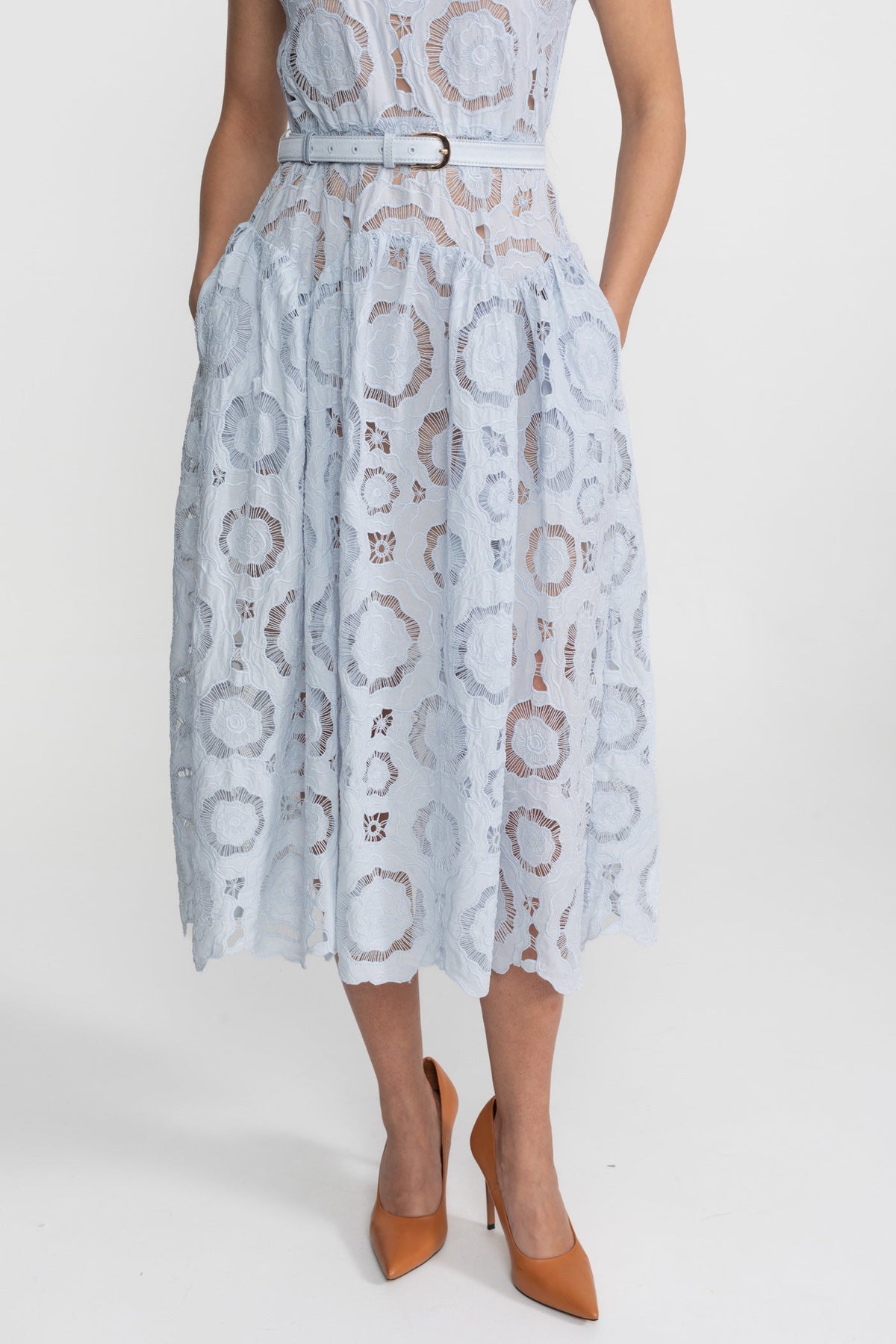 Floral Lace Midi Dress with Belted Waist – Light Blue - View 7