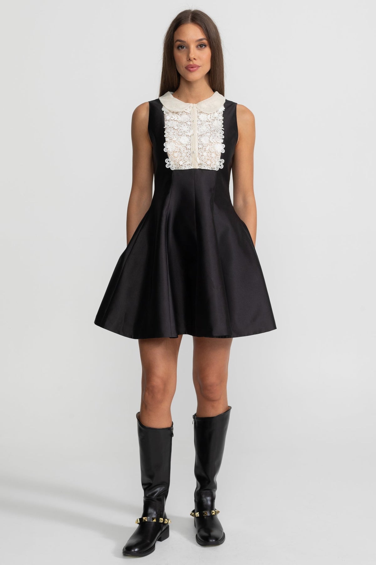 A-Line Mini Dress with Lace Bib – Black - View 3