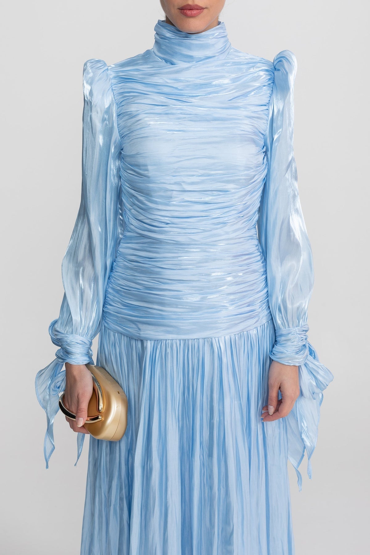 Ruched Long Sleeve Maxi Dress With Pleated Skirt - Sky Blue - View 5