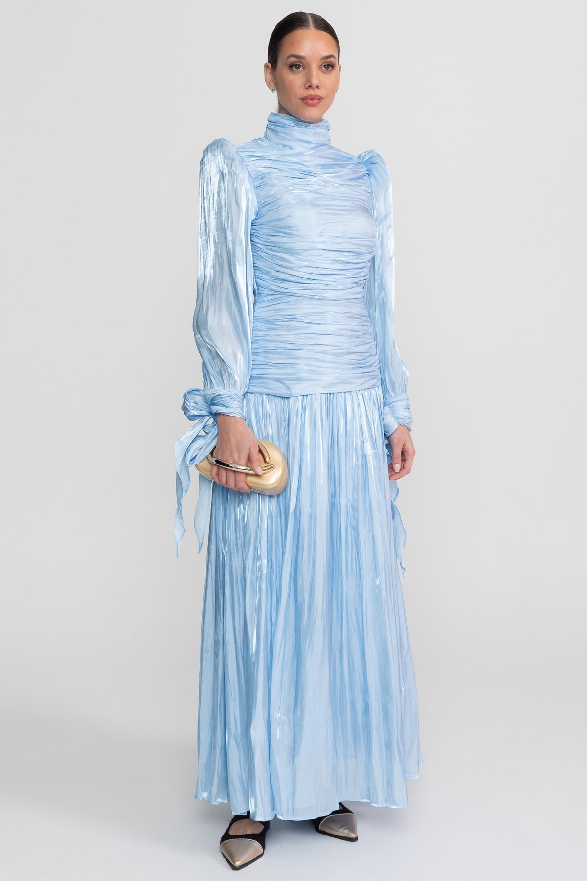 Ruched Long Sleeve Maxi Dress With Pleated Skirt - Sky Blue - View 3