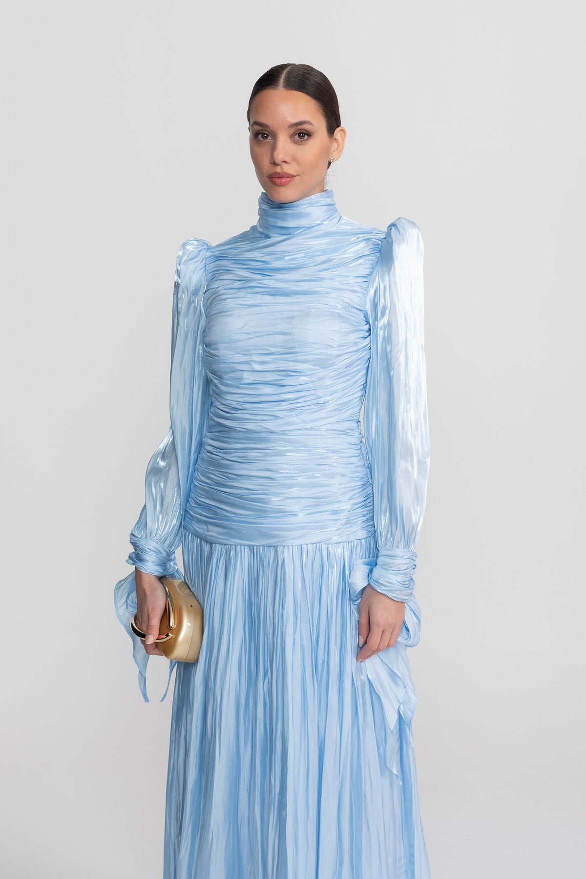Ruched Long Sleeve Maxi Dress With Pleated Skirt - Sky Blue - View 4
