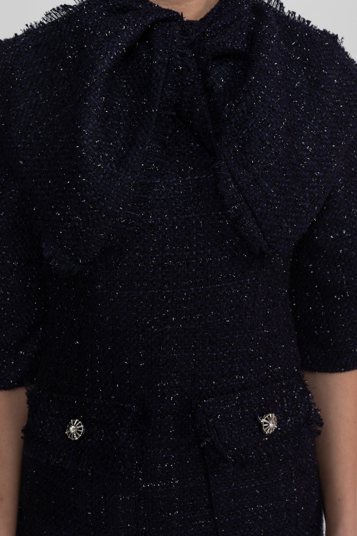 Tweed Pussy Bow Neck Puff Sleeve Pearl Button Patch Pocket Midi Dress - View 5