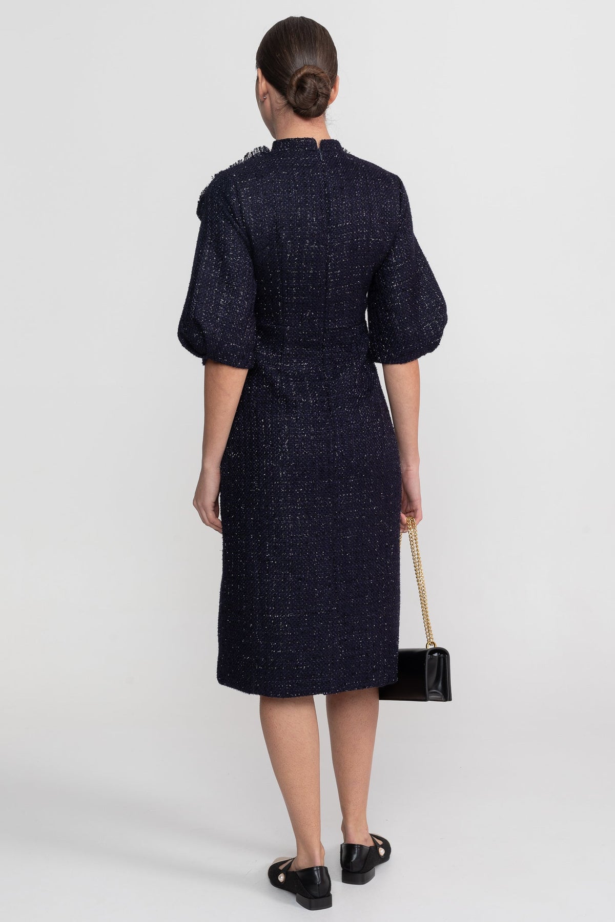 Tweed Pussy Bow Neck Puff Sleeve Pearl Button Patch Pocket Midi Dress - View 8