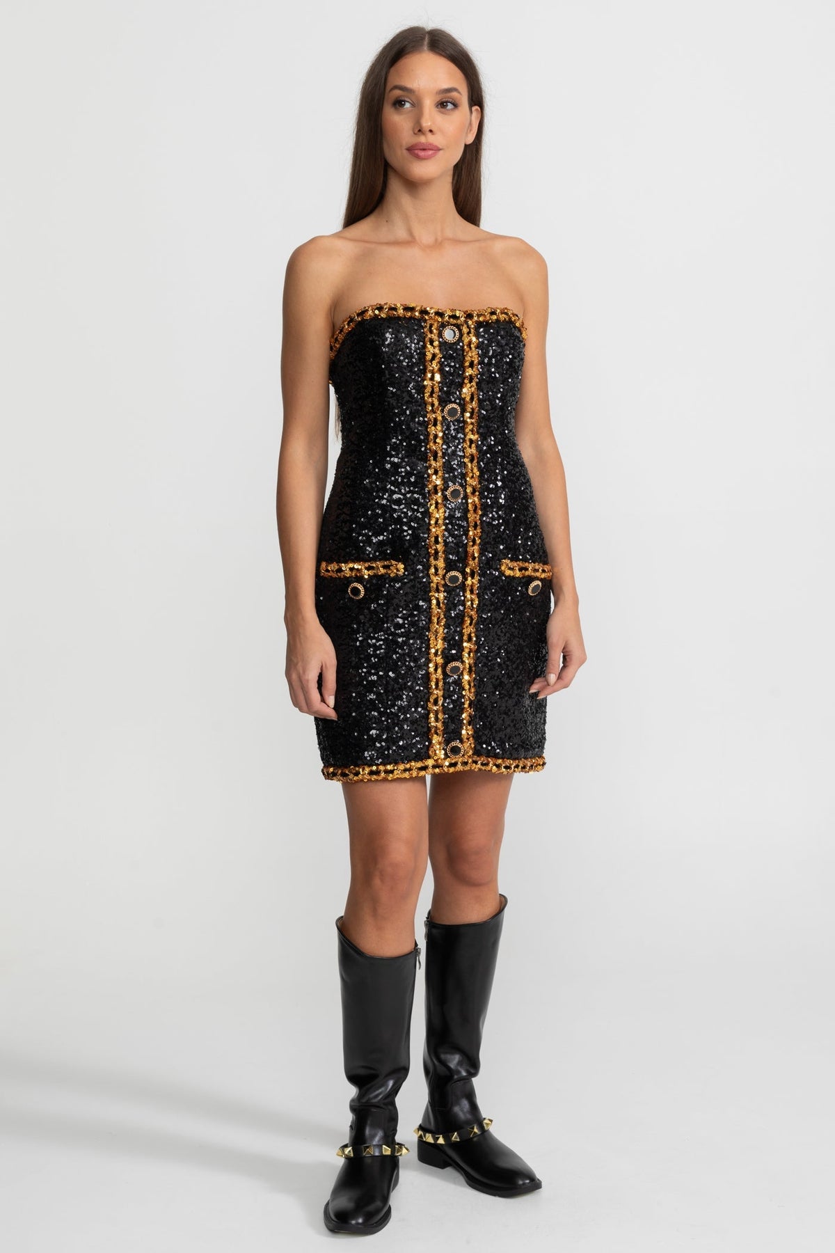 Strapless Sequin Mini Dress With Chain Trim Detailing – Black - View 2