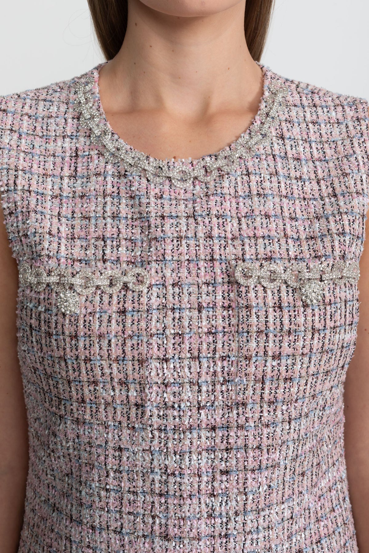 Sleeveless Tweed Pearl Trim Neckline Patch Pocket Shift Mini Dress - View 5
