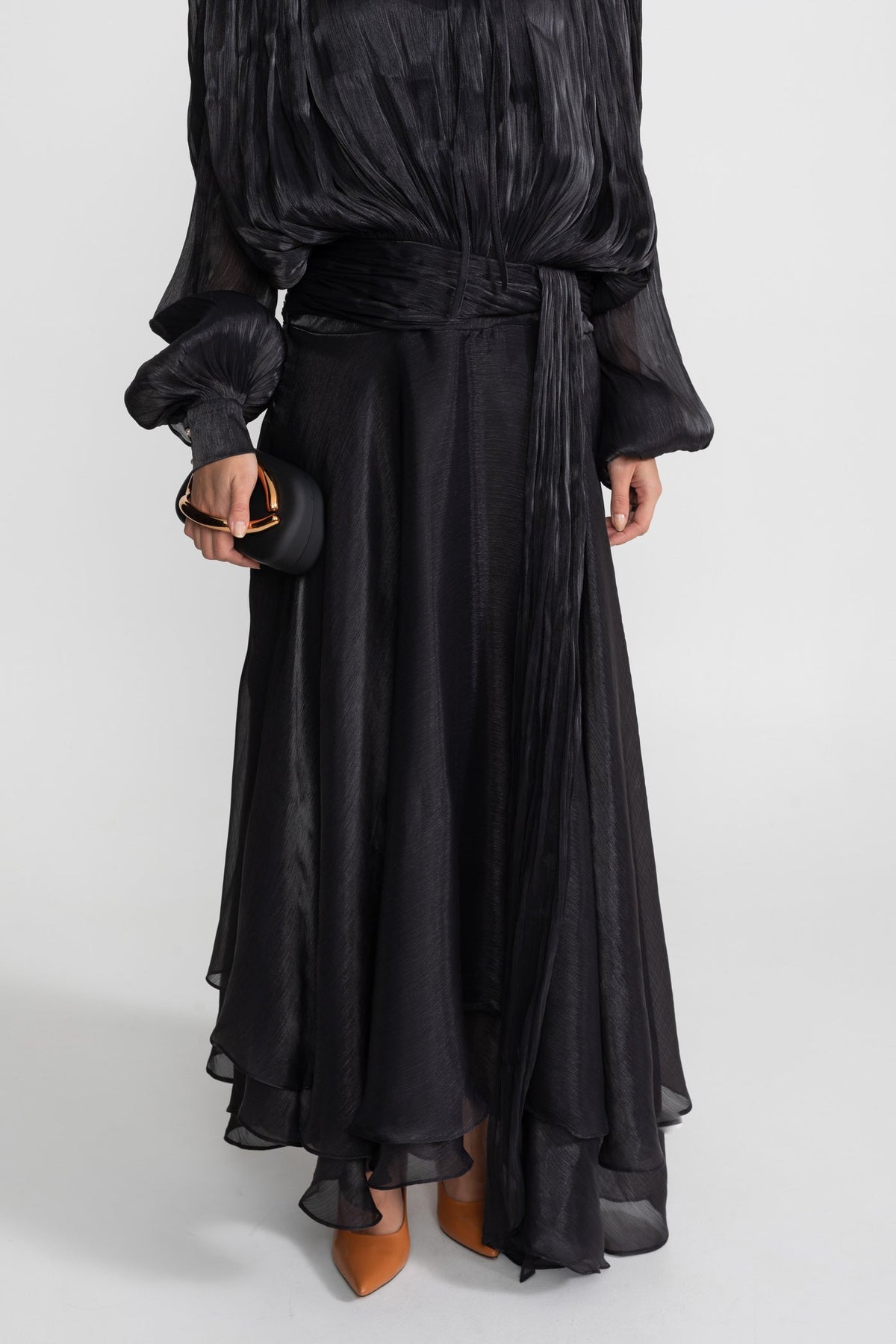 Pleated High Neck Tie Bishop Sleeve Sash Waist Tiered Ruffle Maxi Gown - View 3
